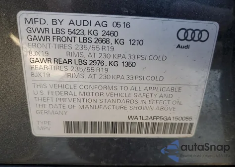 2016 Audi Q5 Premium Plus from USA, damaged, VIN WA1L2AFP5GA150055